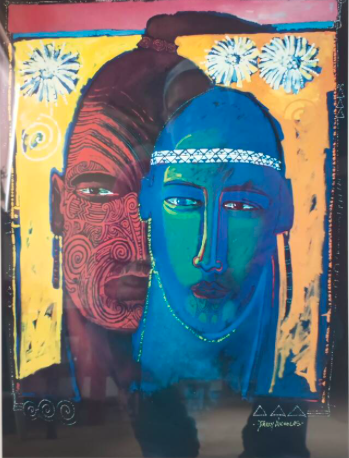 A blue face and a red face on a yellow background.