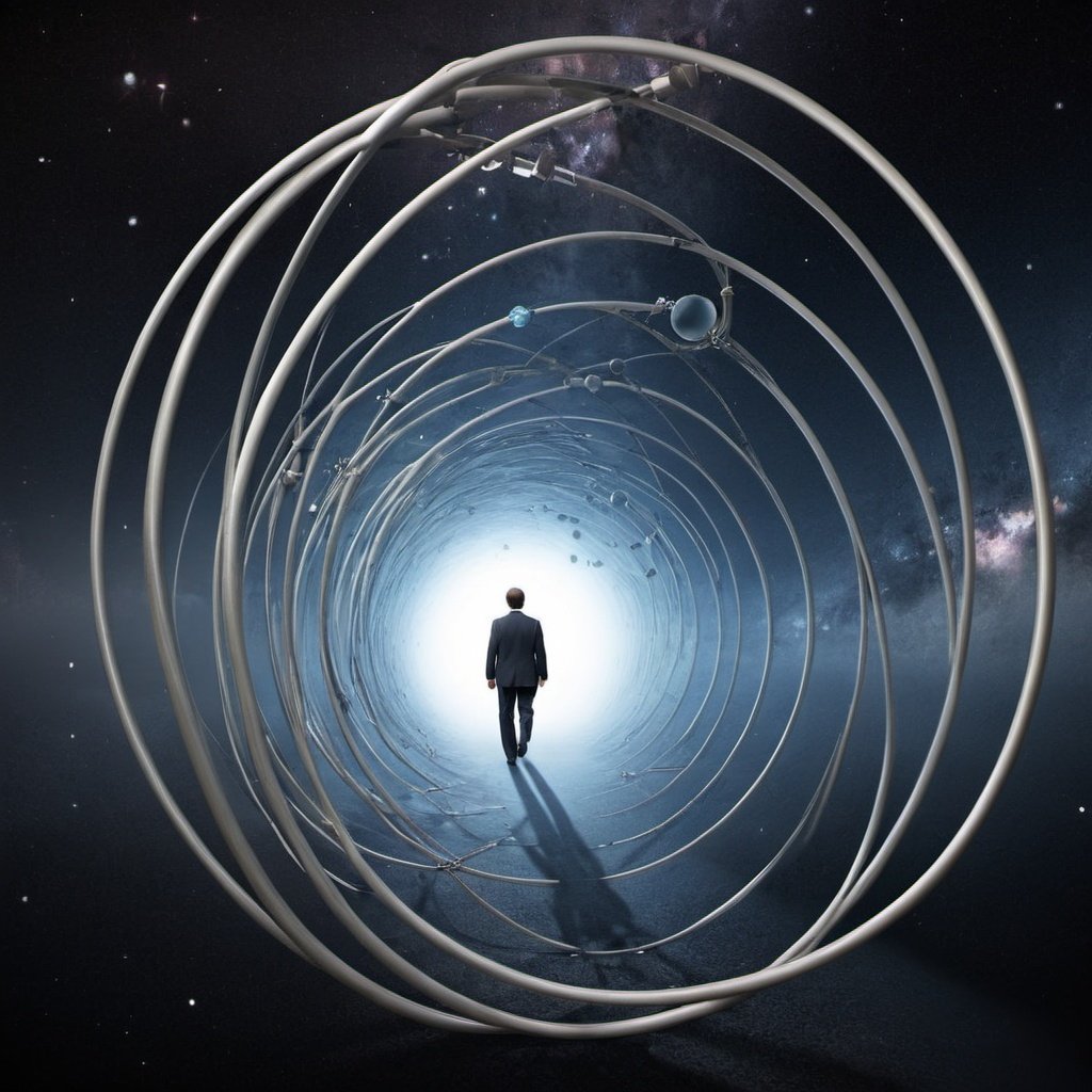 Man walking through a portal in space