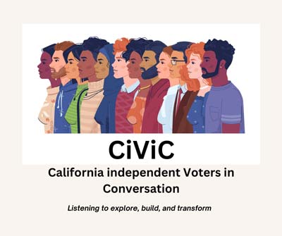 California independent Voters in Conversation logo with diverse people.