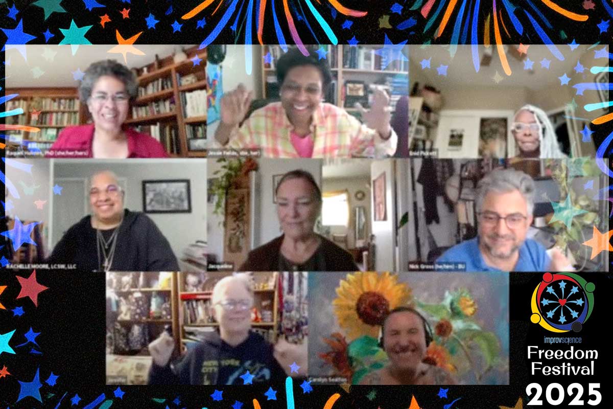 Celebratory image of seven people in an online zoom call smiling and dancing. A black border frames everyone with red, blue, green, orange stars and firework designs drawn on all sides.