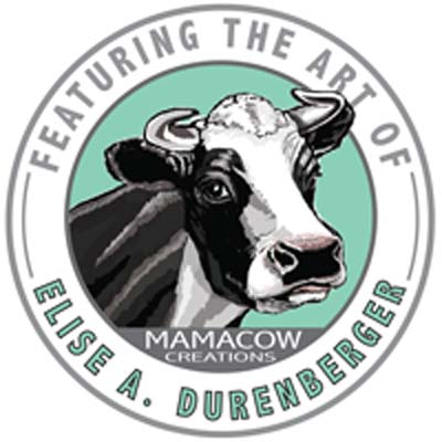 Circle logo for Mama Cow Creations of a cow with horns.